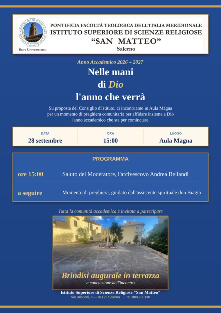 Locandina dell'incontro di preghiera per l'apertura dell'Anno Accademico 2026-2027, 28 settembre ore 15:00 in Aula Magna